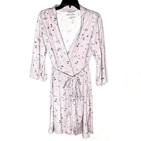 Silky soft pink robe M floral print bathrobe medium - Picture 1 of 5